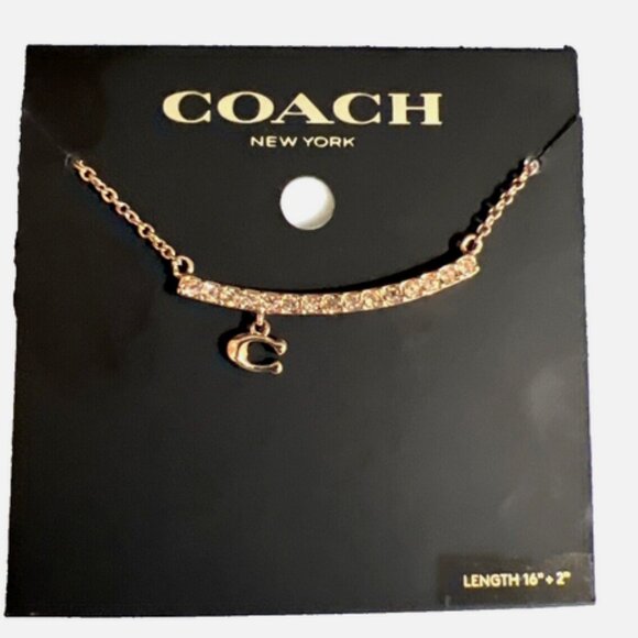 COACH Signature C Pavé Bar Charm Necklace Rose Gold NWT - Picture 3 of 3